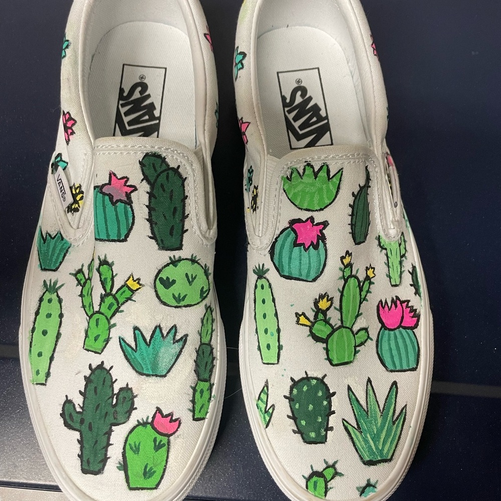 Vans White Slip-On Shoes with Cactus Print